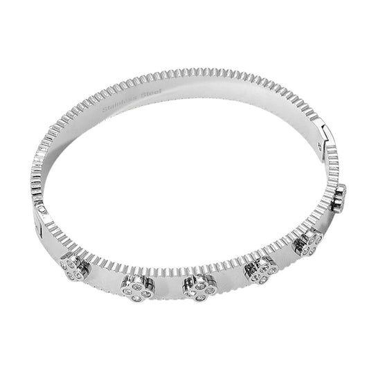 Stainless Steel Quatrefoil Stone Paved Hinged Bangle Bracelet for Women
