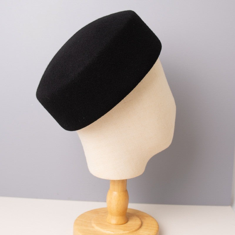 Vintage 100% Wool Pillbox Hat Black Retro Fascinator Formal Cocktail Stewardess