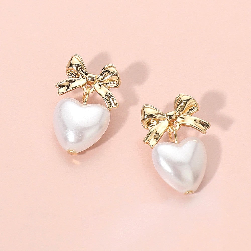 Gold Bow and Pearl Heart Drop Earrings - Romantic Coquette Style Jewelry