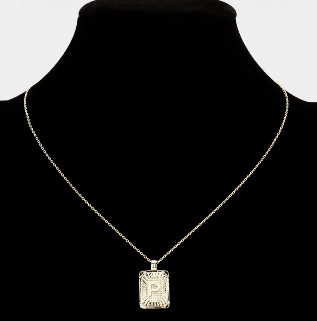 Gold Initial "P" Rectangular Sunburst Pendant Necklace - Brass Fashion Jewelry