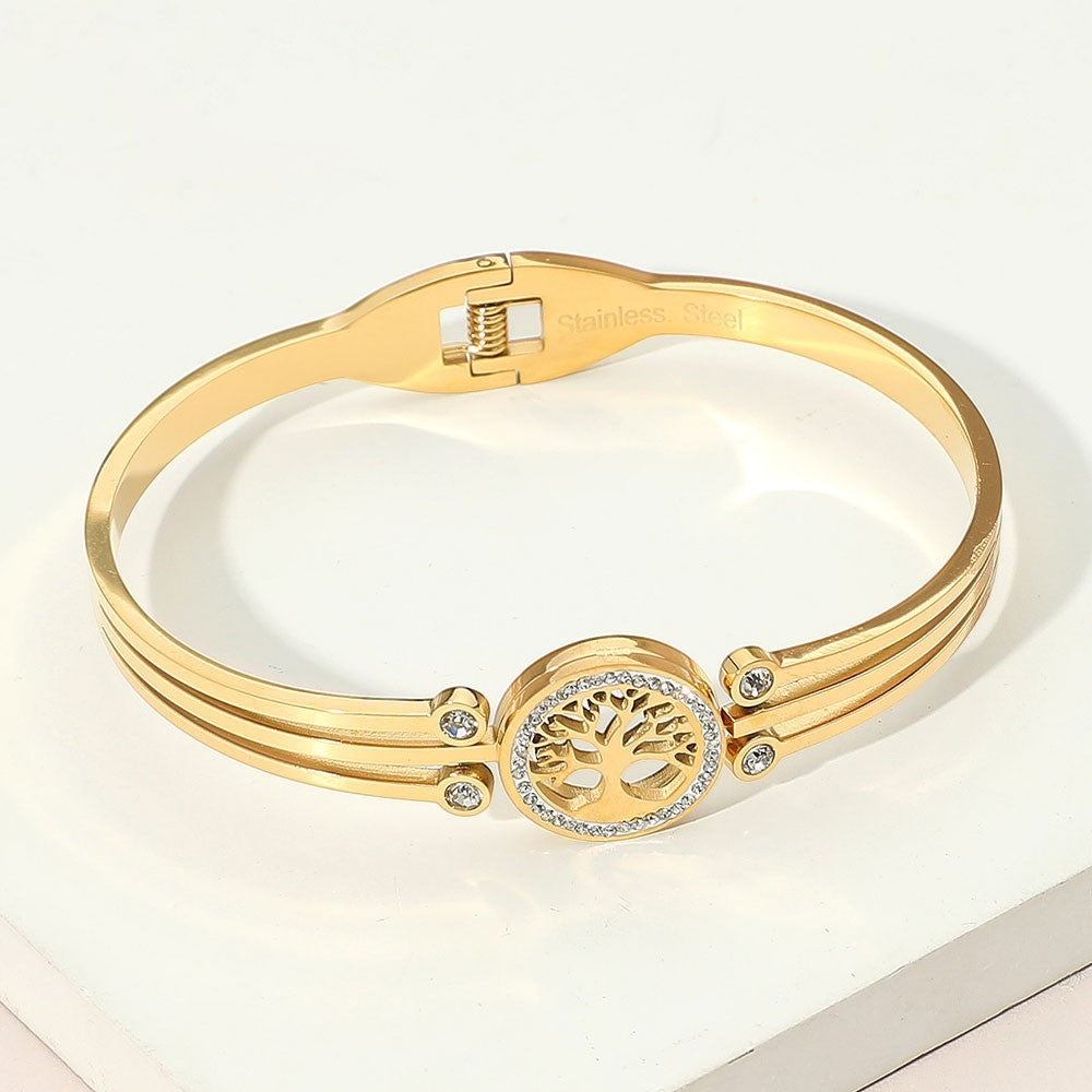 2pc Tree of Life Bangle Set CZ Accent Stainless Steel Gold Silver Tone Jewelry