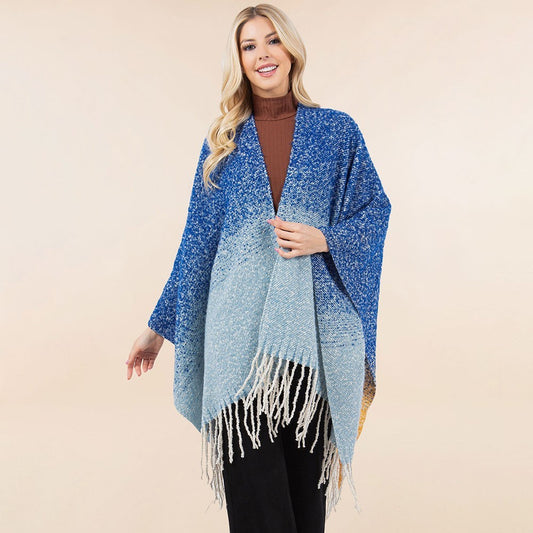 Gradient Blue Open Knit Shawl Wrap with Fringe Detail in Soft Acrylic Yarn