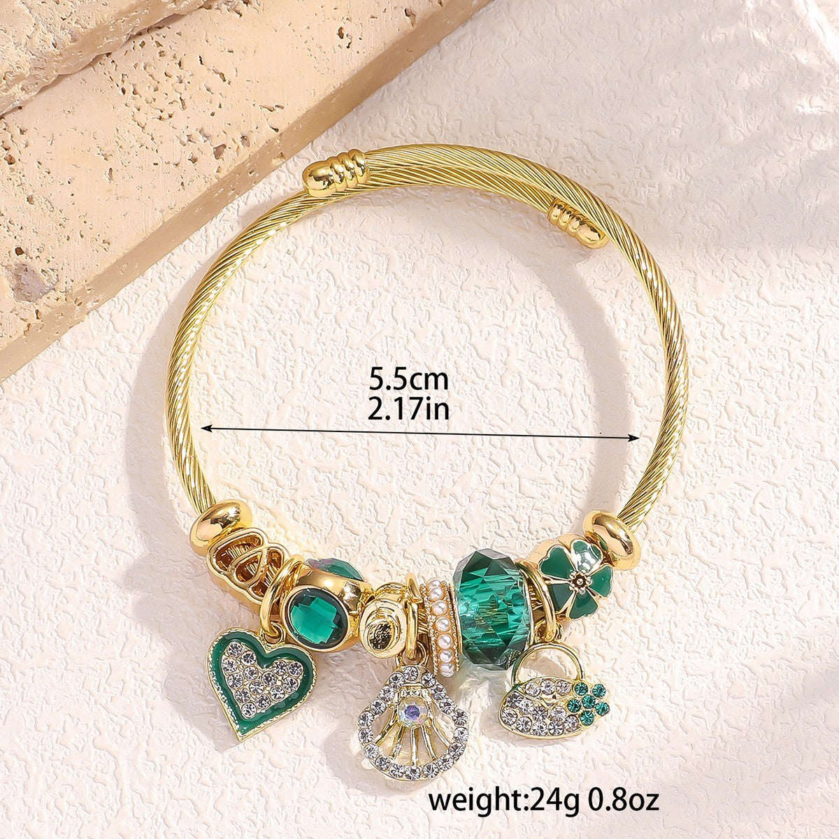 Elegant Gold Charm Bangle Bracelet Green Crystal Dangle Charms Women's Jewelry