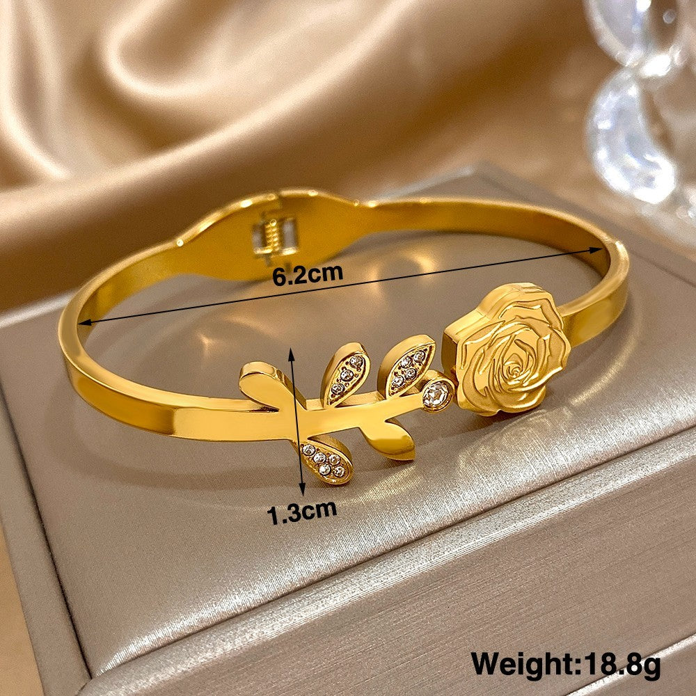 Gold Rose Leaf Bangle Bracelet Hinged Cuff Crystal Rhinestone Jewelry