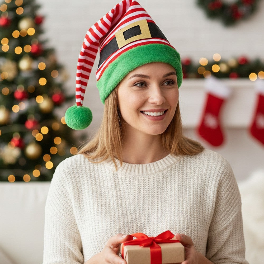 3-Pack Jolly Striped Christmas Elf Hats with Green Trim & Belt Buckle Trio