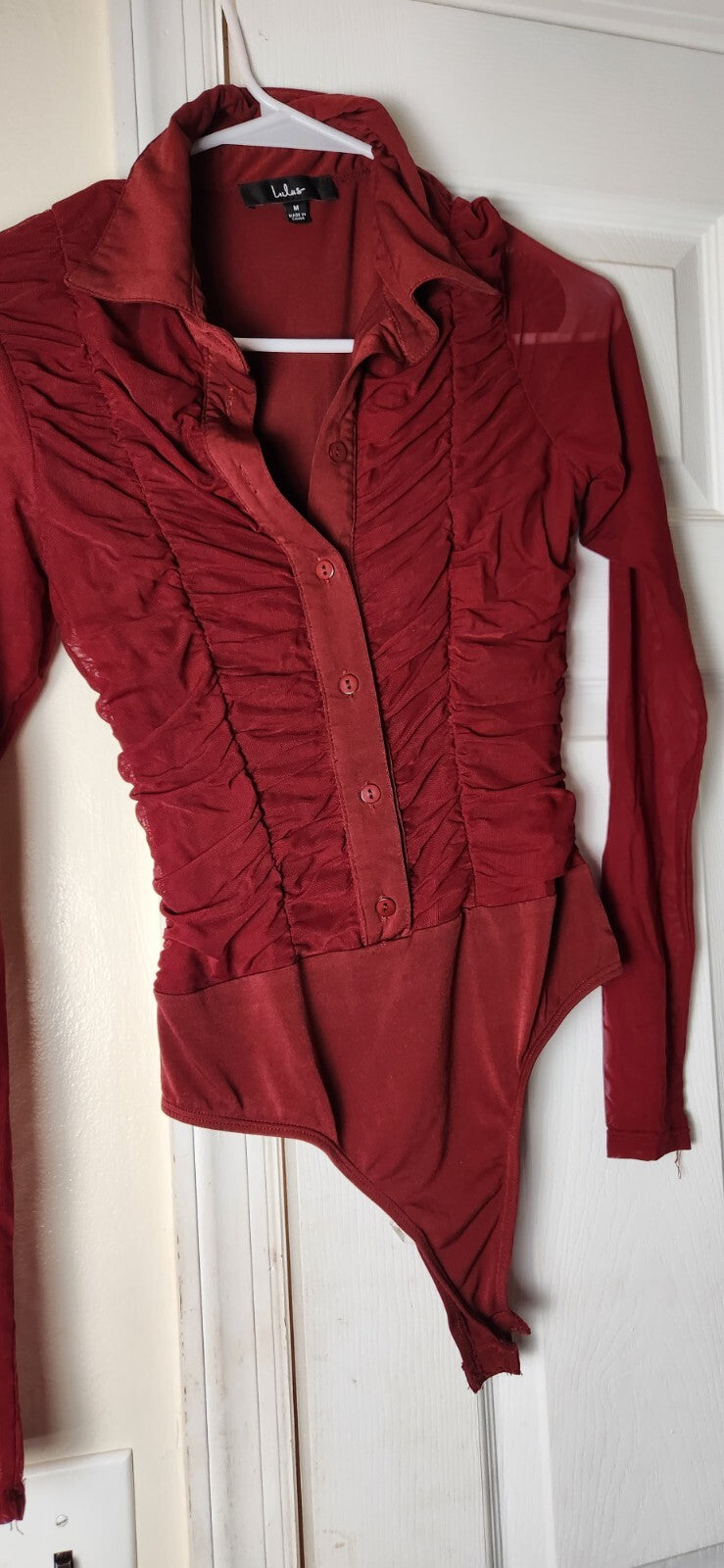 Don't Ruche Love Burgundy Mesh Ruched Long Sleeve Bodysuit for Women Medium