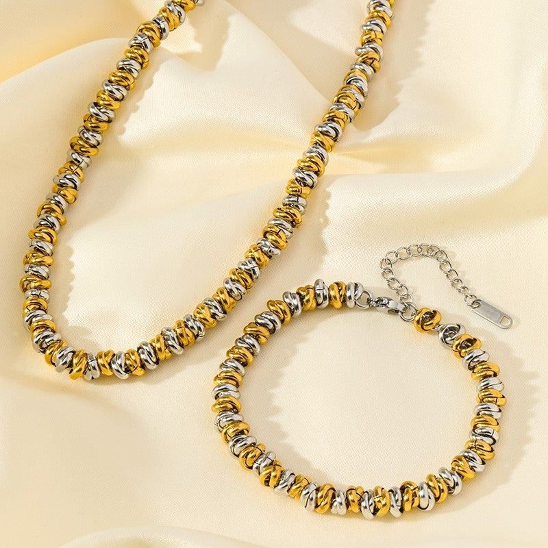 Gold Silver Tone Beaded Necklace & Bracelet Set Stainless Steel Jewelry