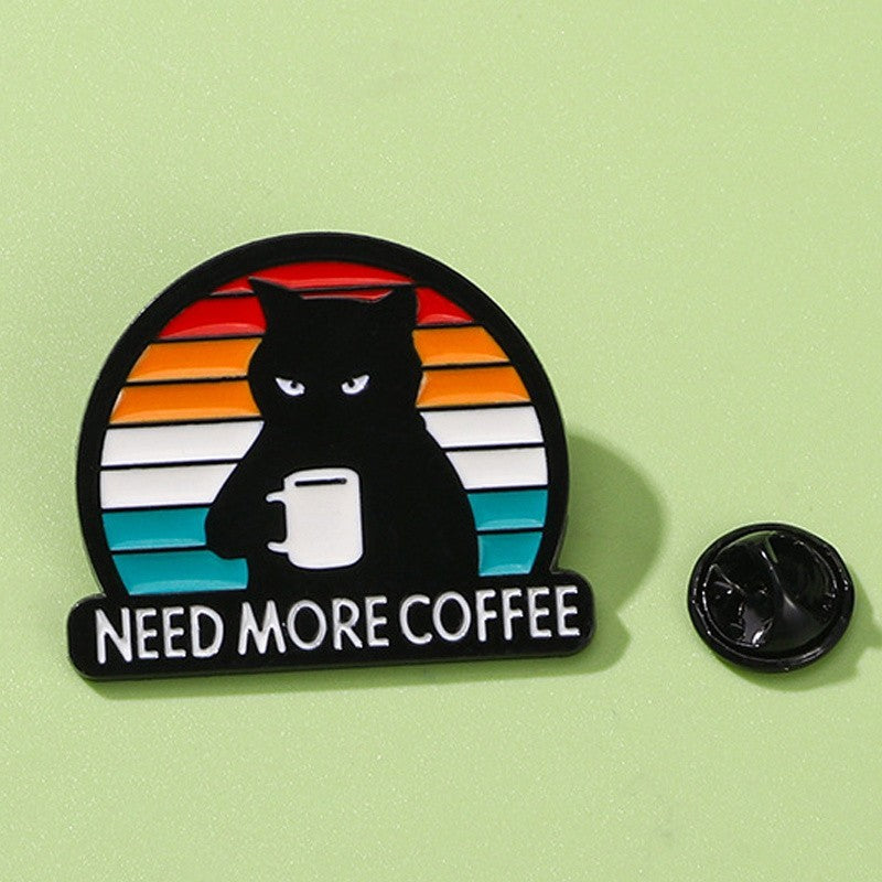 Black Cat Need More Coffee Enamel Pin Badge Brooch Cute Grumpy Kitty Lover Gift