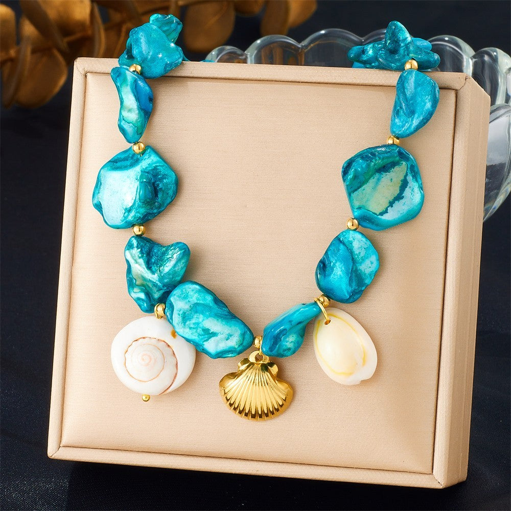 Stainless Steel Blue Stone Conch Shell Necklace | Trendy Sea-Inspired Jewelry