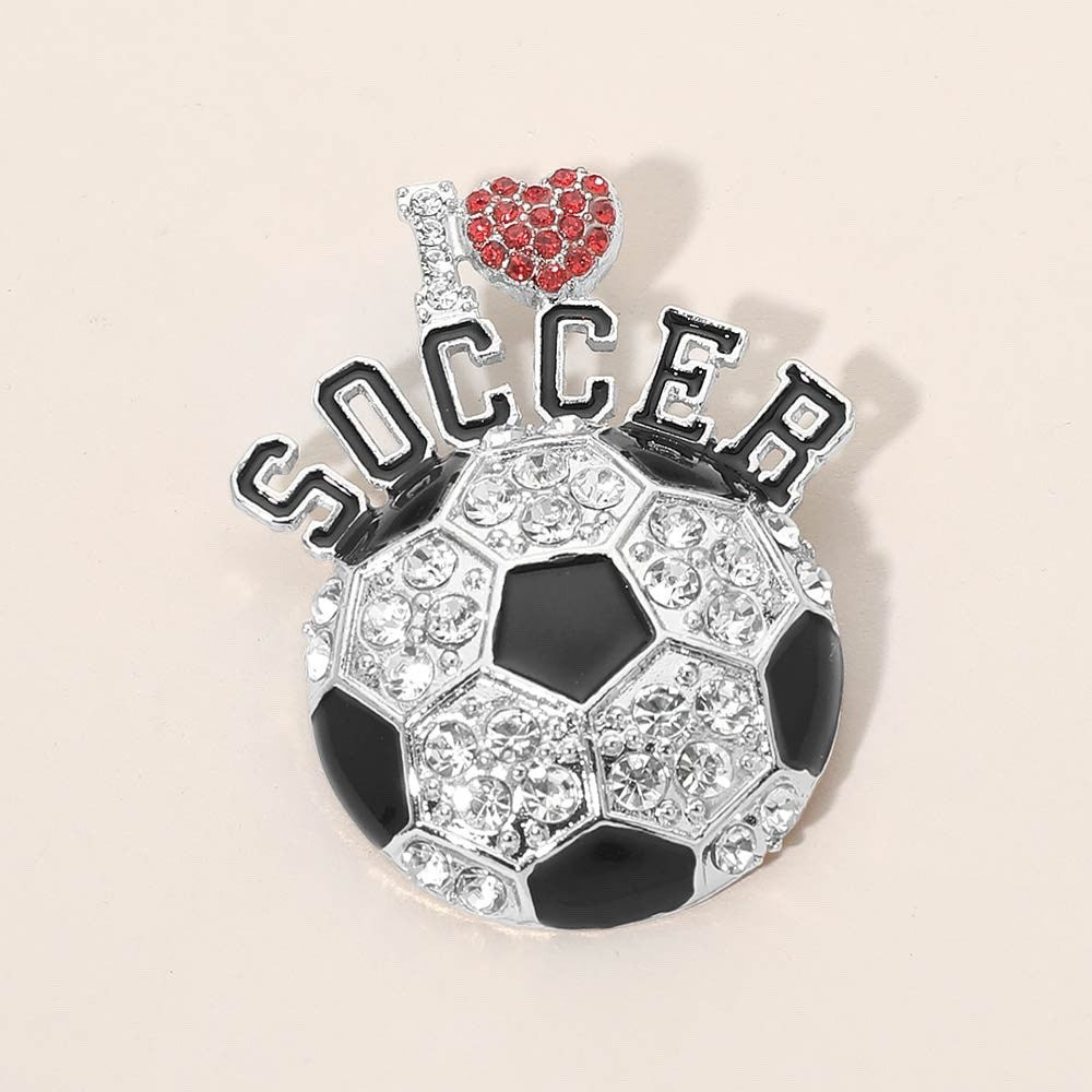 Rhinestone Soccer Ball I Love Heart Pin Brooch for Sports Fans and Moms
