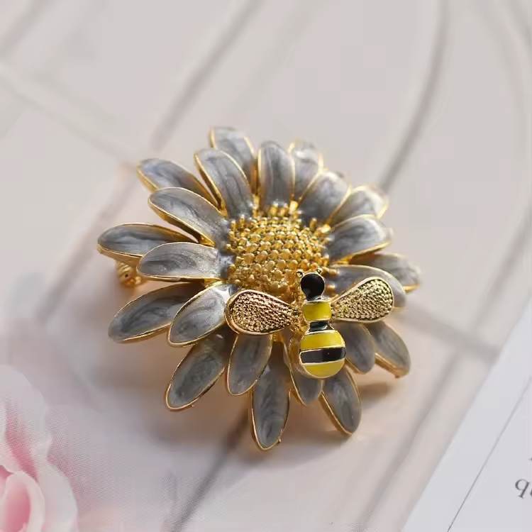 2pcs Bee Flower Brooch Set Enamel Daisy Pin Blue Grey Floral Jewelry Gift