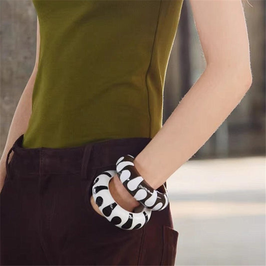 Womens Bold Resin Bangle Bracelet Black White Statement Chunky Retro Jewelry