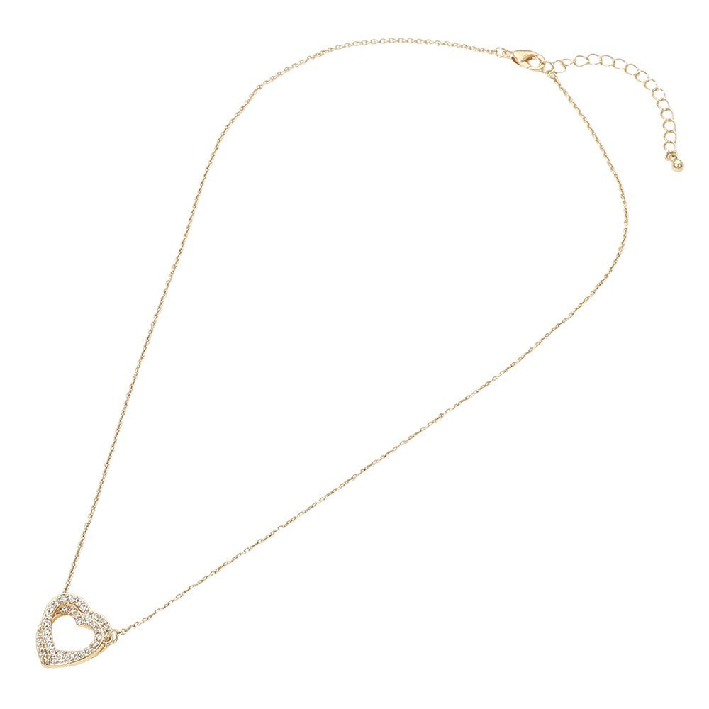 SECRET BOX 14K Gold Dipped CZ Stone Paved Twin Heart Pendant Necklace Adjustable