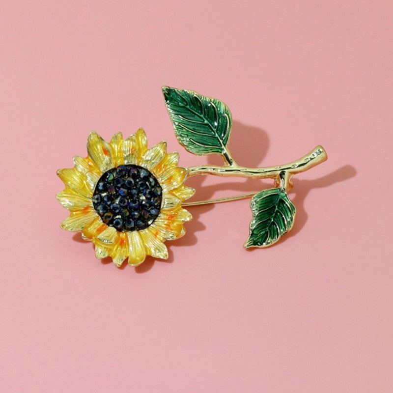 Enameled Sunflower Brooch Pin with Rhinestones for Women Gold-Tone Jewelry