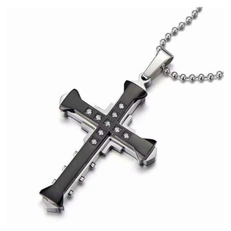 Modern Black Cross Necklace with Zircon Stones Religious Jewelry for Men
