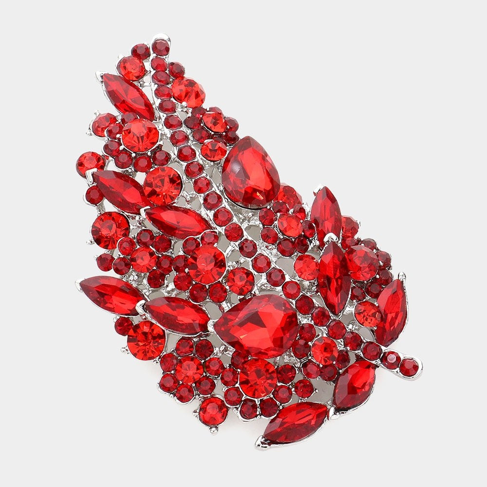 2pc Red and Grey Leaf Crystal Brooch Set -Elegant Marquise & Teardrop Rhinestone