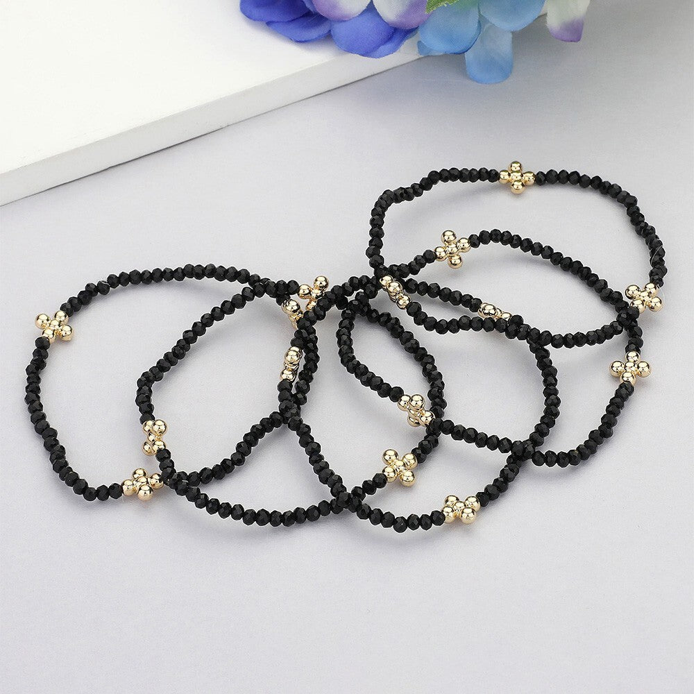 5PCS Black Faceted Beaded Stretch Bracelets Gold Bubble Flower Accented Jewelry