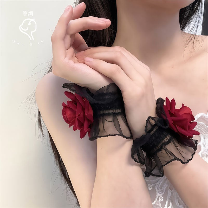 2PC Black Lace Rose Wrist Cuffs Gothic Choker Set Floral Bracelet Corsage