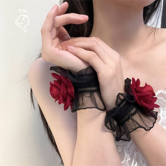 2PC Black Lace Rose Wrist Cuffs Gothic Choker Set Floral Bracelet Corsage