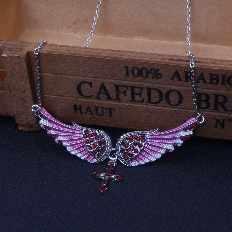 Rhinestone Angel Wing Cross Necklace Gift Set 3 Pcs Pink Blue Silver Jewelry