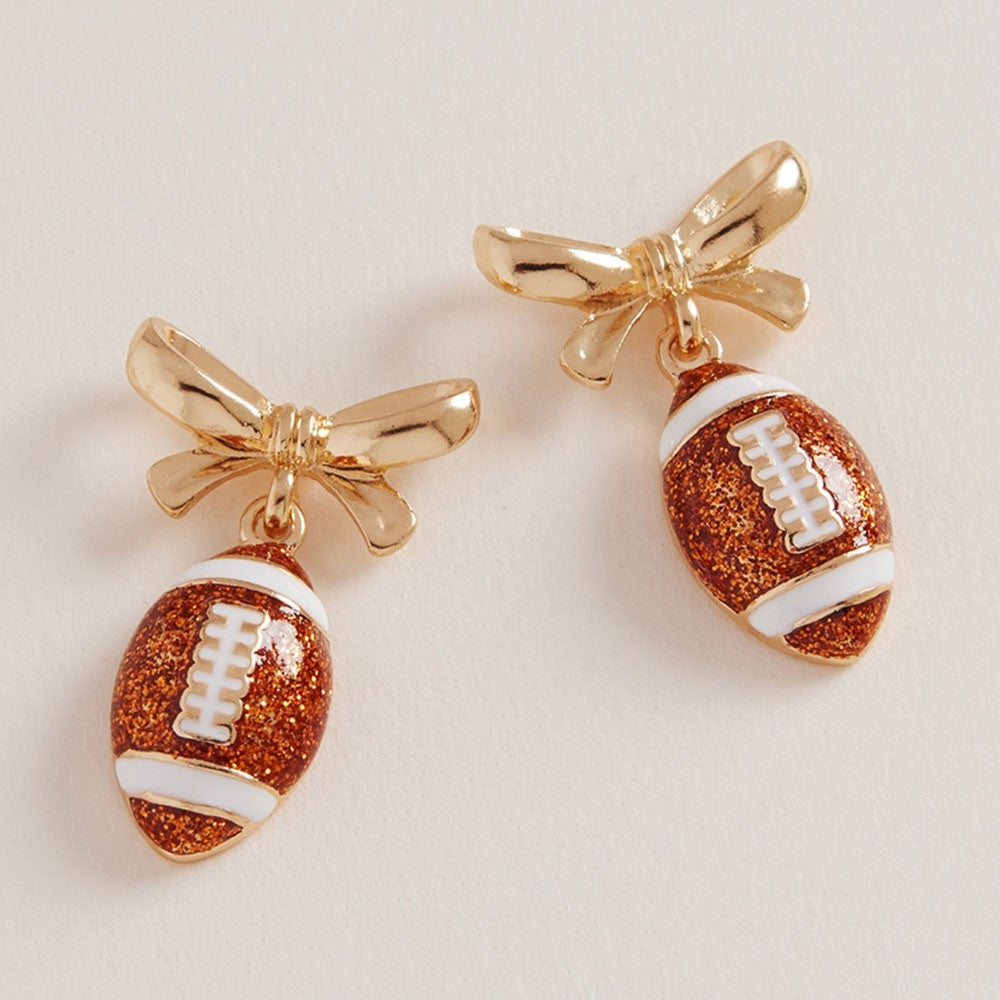 Gold Bow & Glitter Football Drop Earrings - Sporty Game Day Fan Jewelry