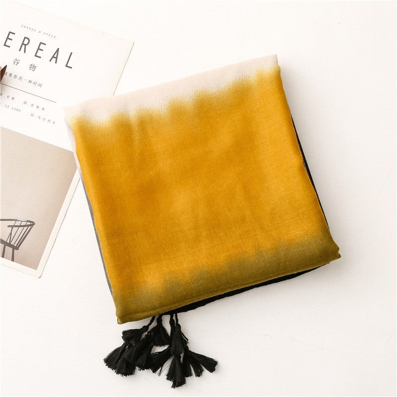 Dip Dye Ombre Scarf Wrap Shawl 71" Cotton Viscose Black Yellow Tassel