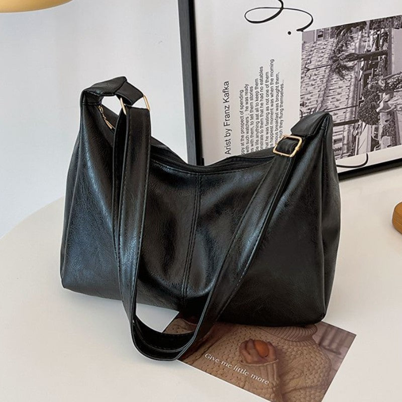 Black Faux Leather Hobo Shoulder Bag With Adjustable Strap