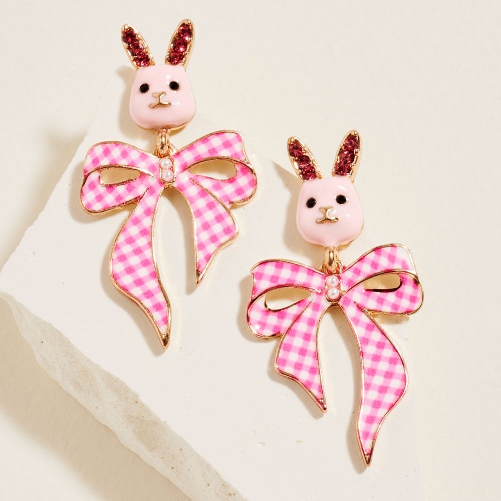 Pink Bunny Rabbit Gingham Bow Drop Earrings for Easter Spring Jewelry Gift