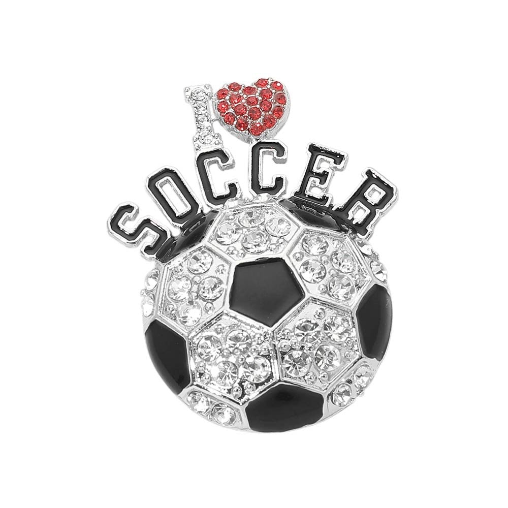 Rhinestone Soccer Ball I Love Heart Pin Brooch for Sports Fans and Moms