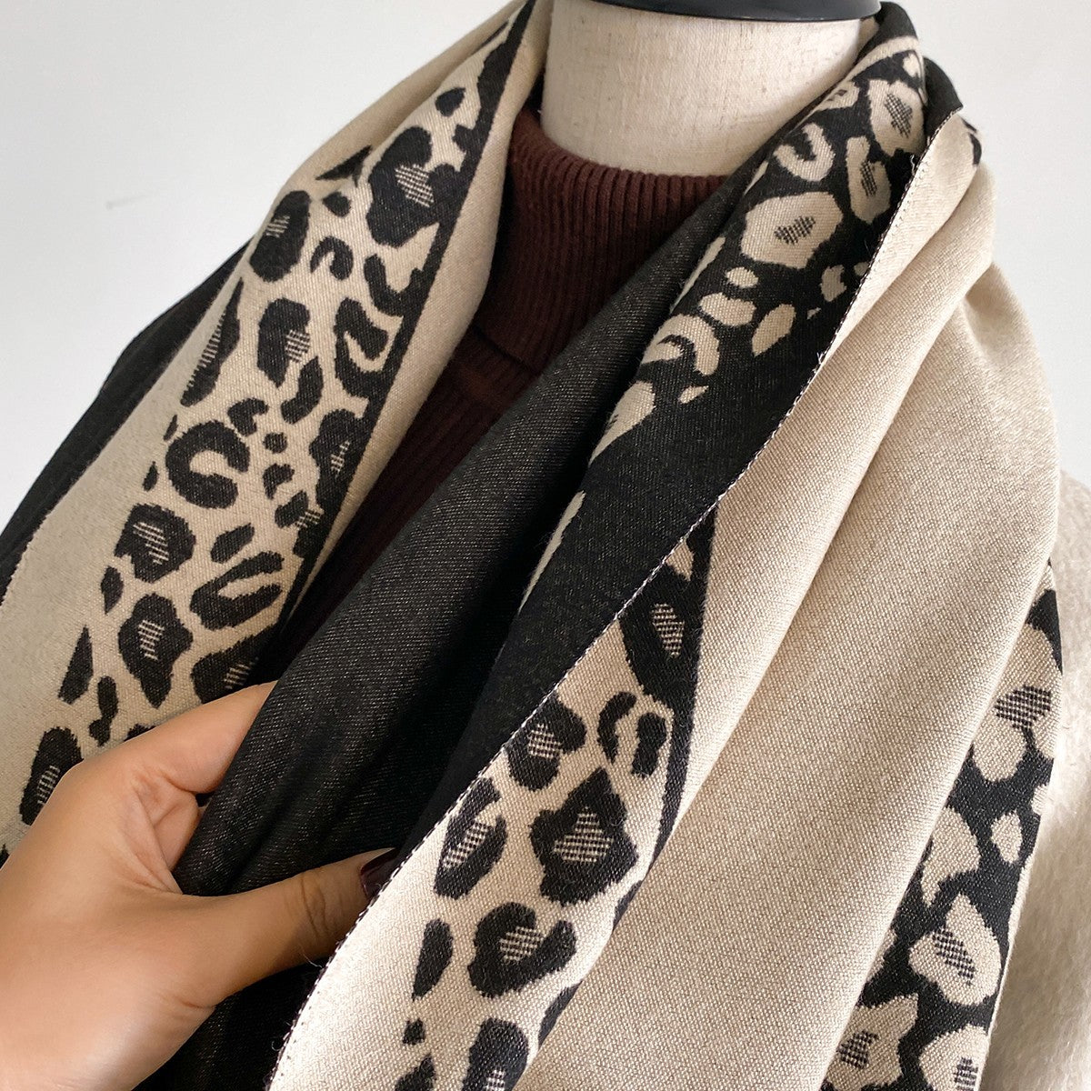 Oversized Cashmere Feel Scarf Black Beige Leopard Print Winter Wrap Gift