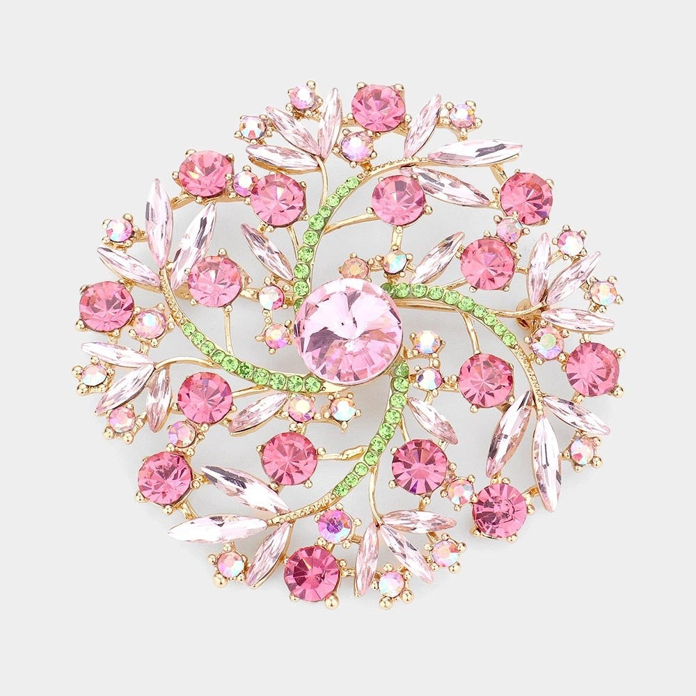 2pcs Crystal Flower Wreath Brooch Set Pink Green Floral Pin Vintage Wedding Gift