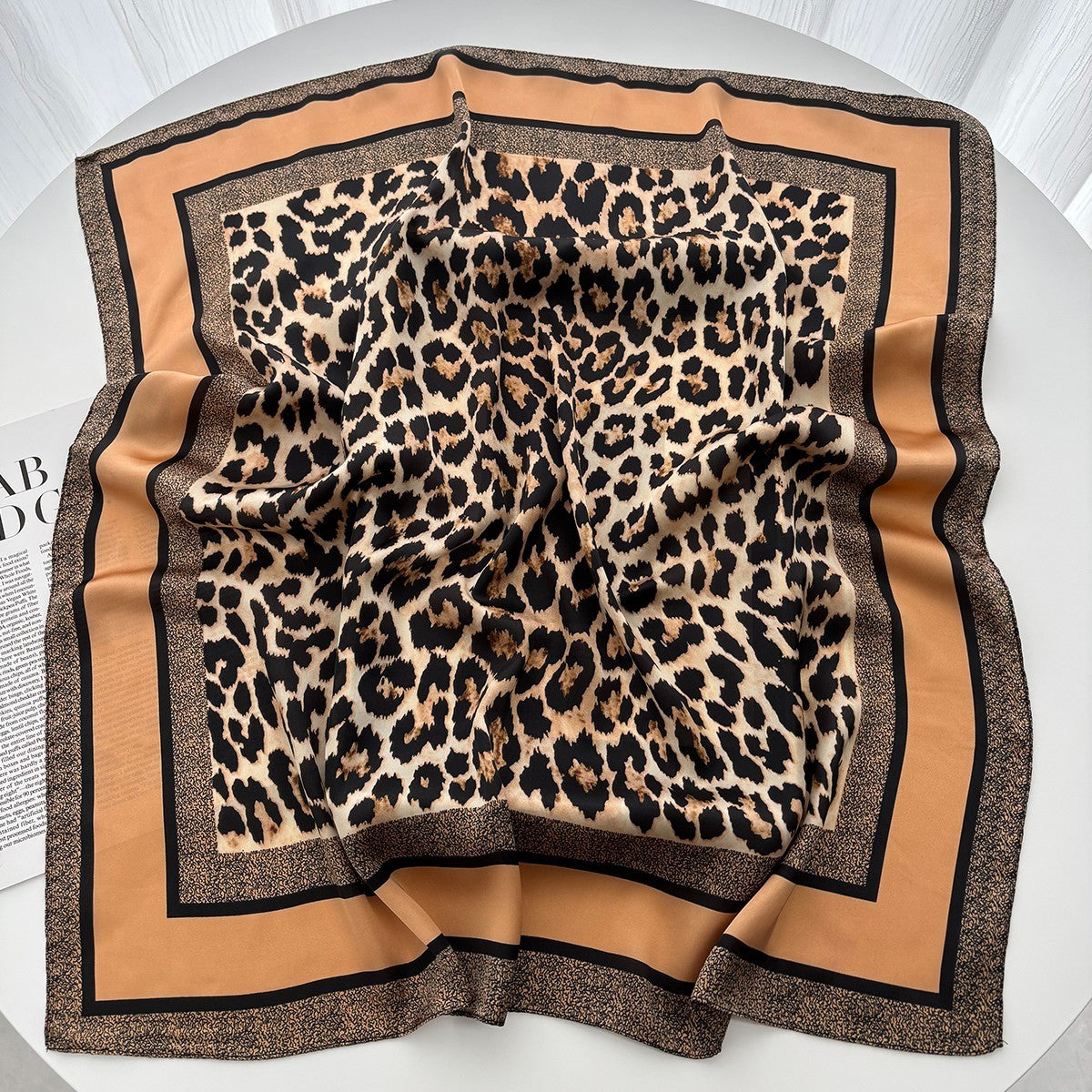 2PC Leopard Silk Feel Square Scarf Set Black Gray & Classic Brown Animal Print