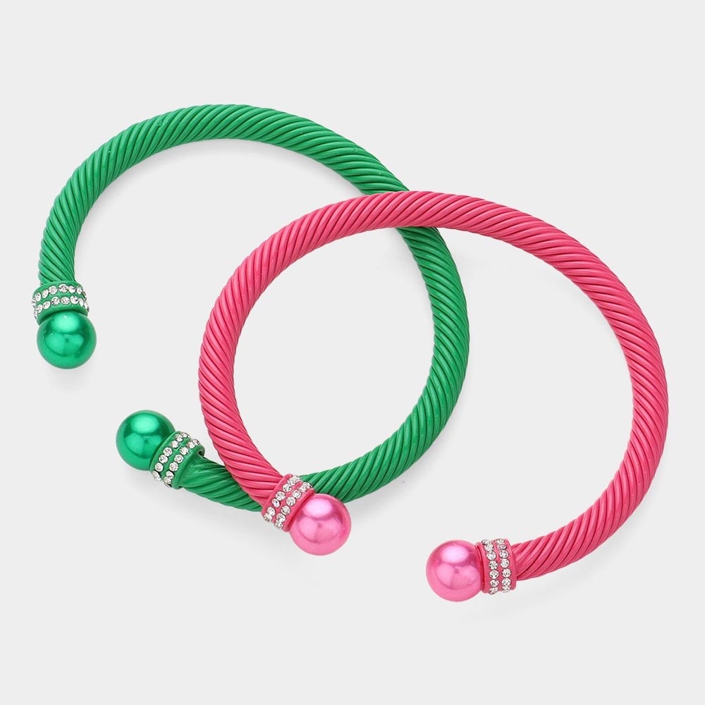2pc Pink Green Twisted Cable Cuff Bracelet Set Rhinestone Pearl Accents Jewelry