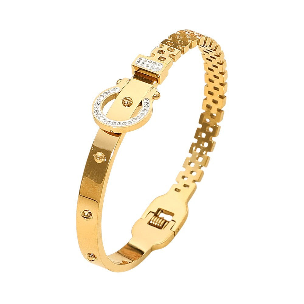 Gold Stainless Steel Horseshoe Buckle Hinged Bangle Bracelet for Women Gift