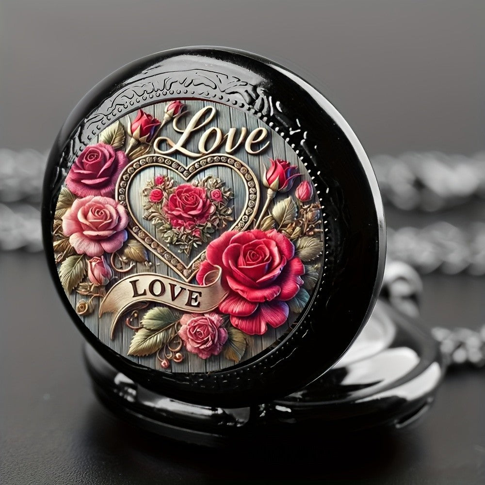 Black Rose Love Pocket Watch Necklace Quartz Full Hunter Unisex Romantic Gift