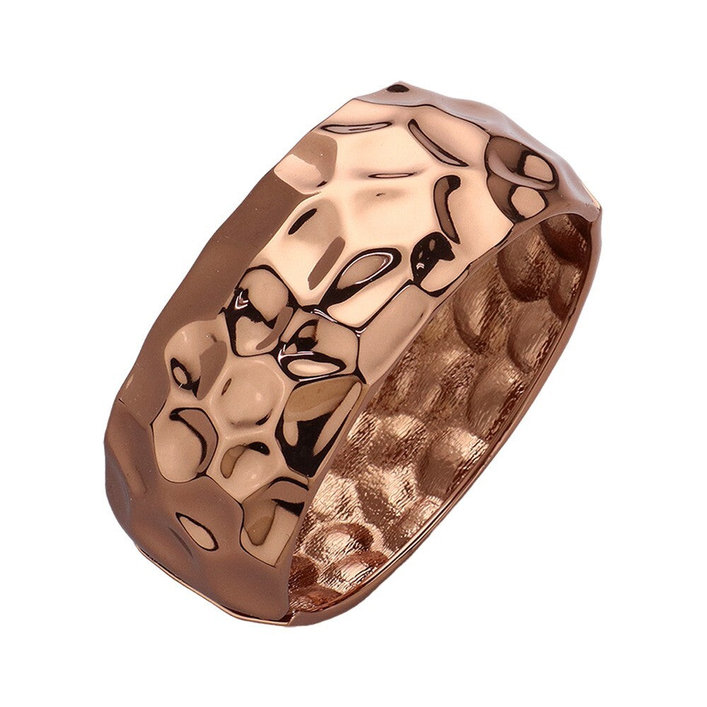 Chunky Hammered Metal Bracelet Rose Gold Tone | Hinged Wide Bangle for Women