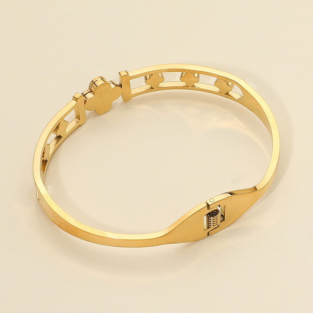 Gold & Black Stainless Steel Quatrefoil Cutout Hinged Bangle Bracelet for Women