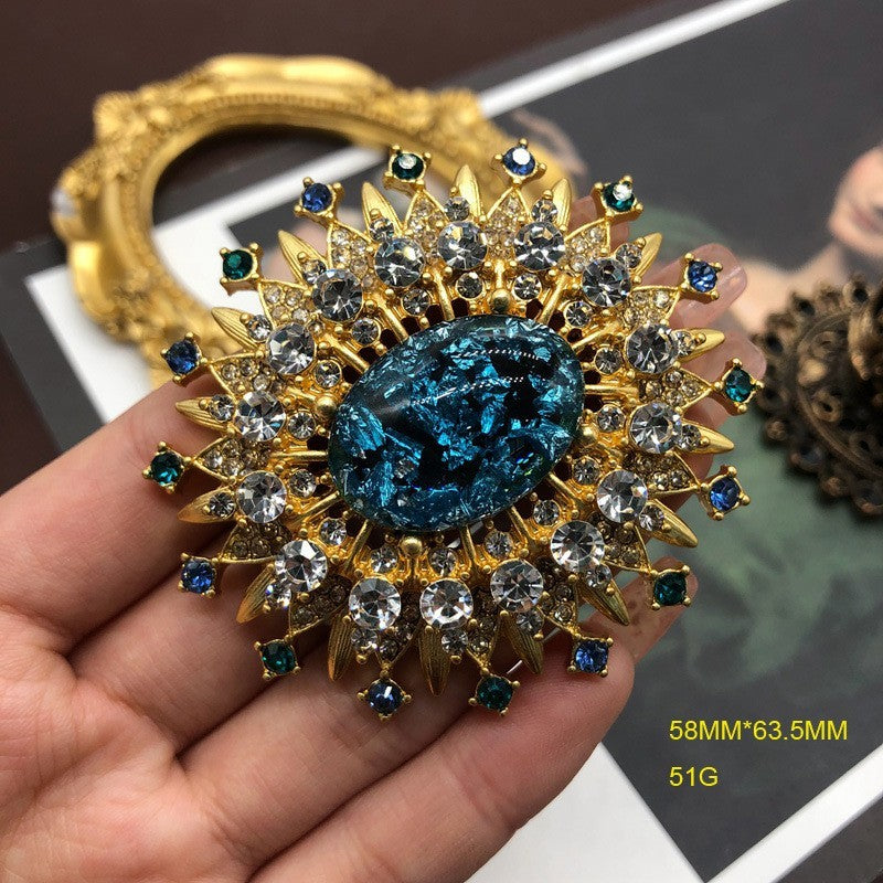 2pcs Vintage Sunburst Brooch Set Red Teal Foil Glass Rhinestone Gold Tone Pin