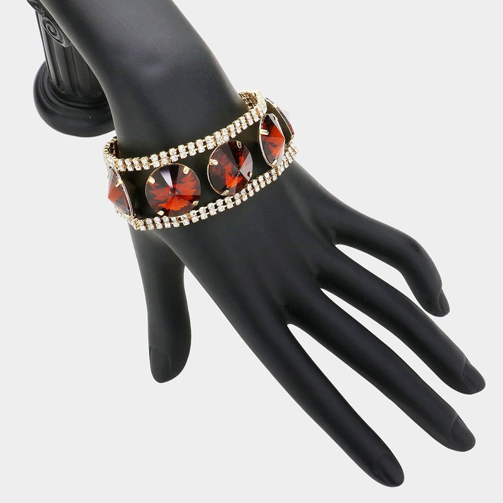 Elegant Red Crystal Rhinestone Bracelet Gold Tone Evening Formal Statement