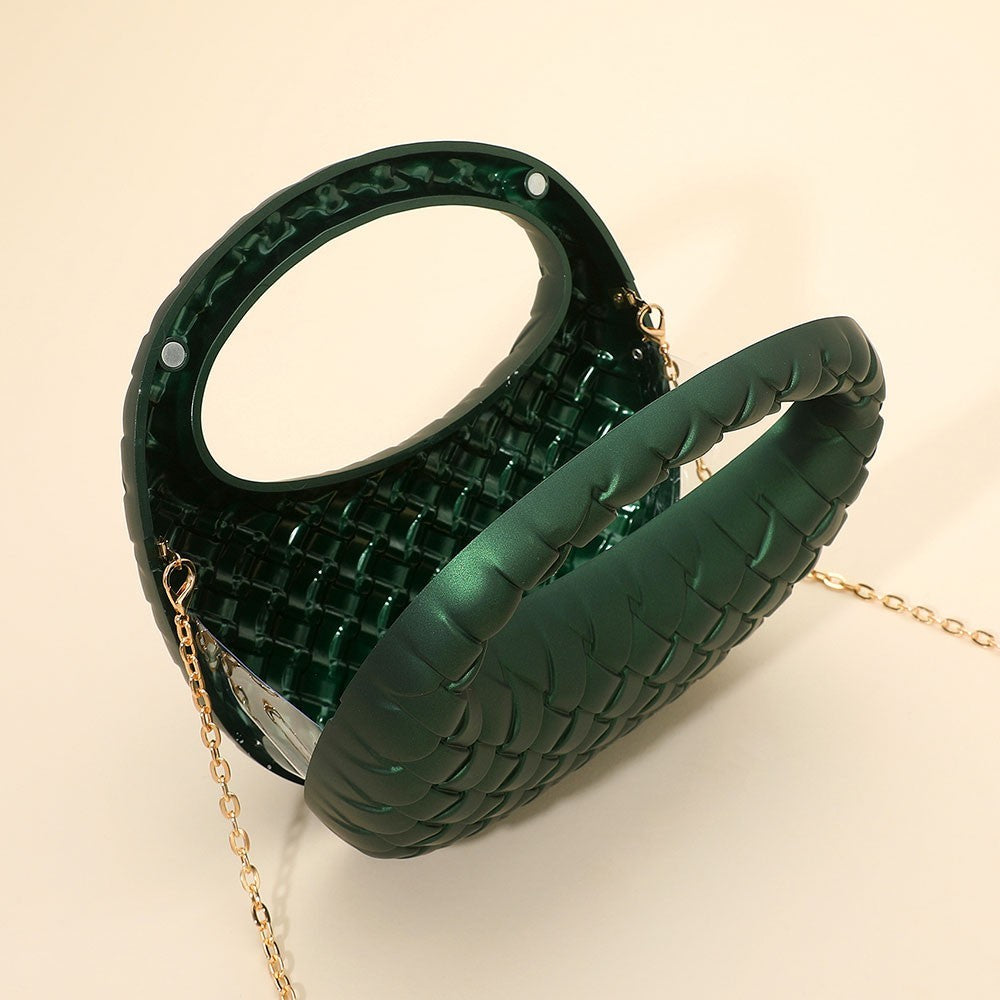 Green Faux Leather Woven Evening Clutch Bag Detachable Gold Chain Handbag