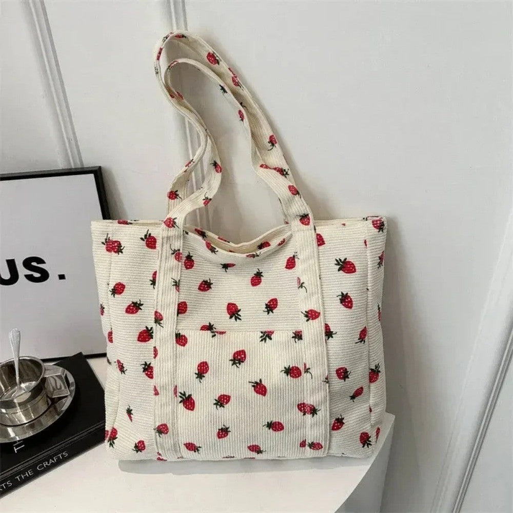 Women’s Corduroy Strawberry Print Tote Bag Large Capacity Shoulder Handbag