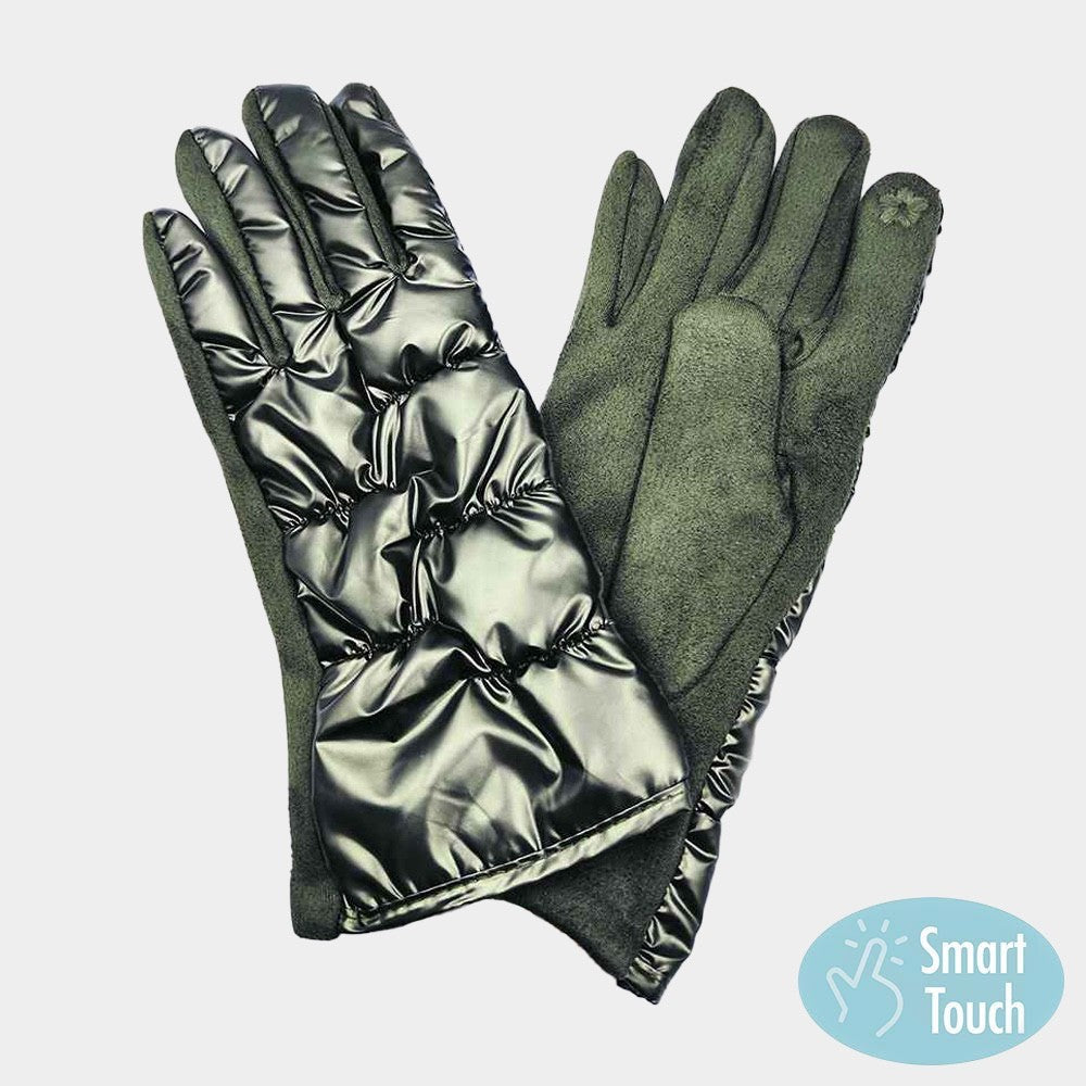 Women's Dark Green Quilted Puffer Smart Touch Winter Gloves Warm Tech Mittens