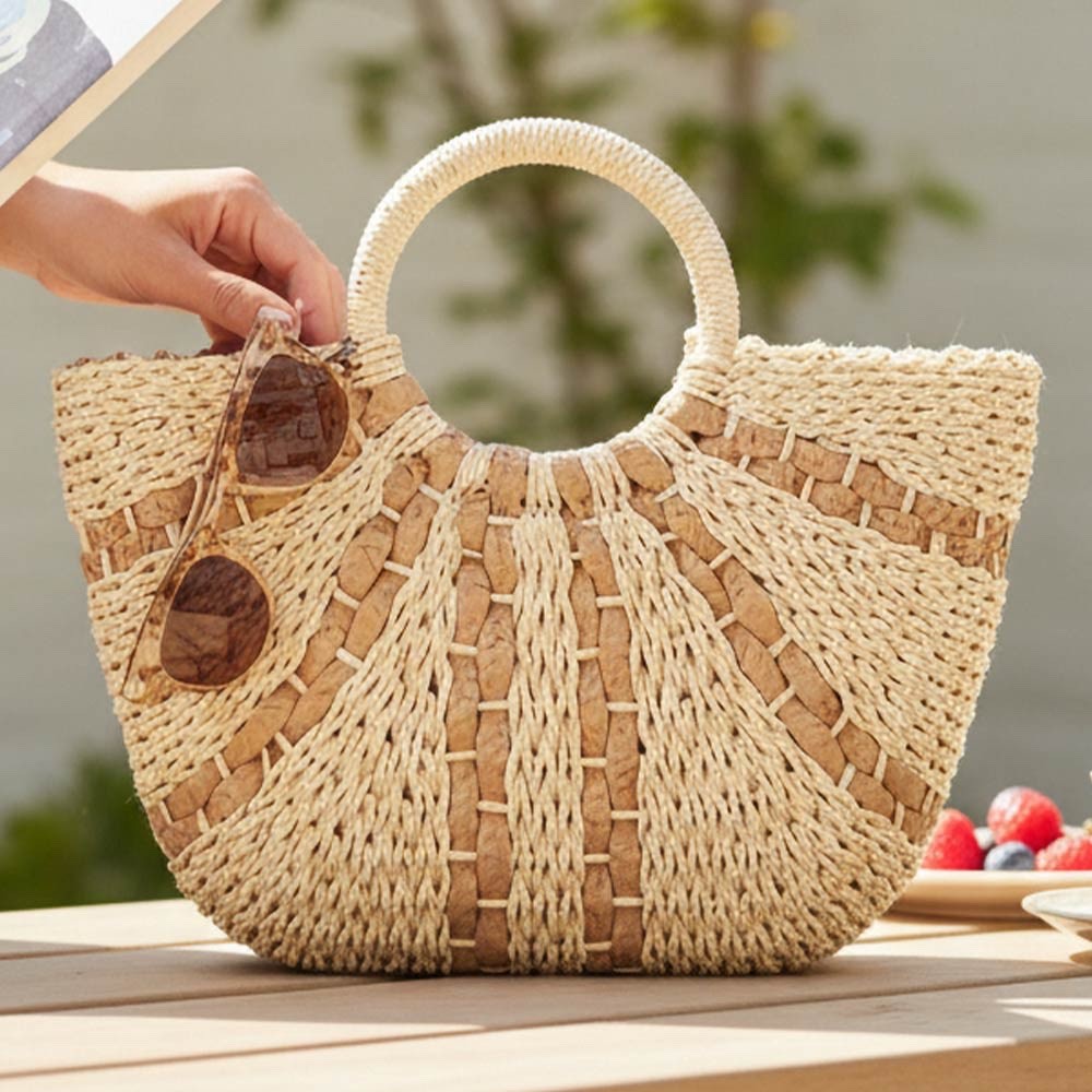 Natural Woven Straw Handbag Two-Tone Summer Beach Tote Boho Top Handle Purse