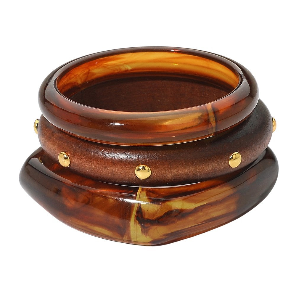 3pc Tortoise Shell Resin & Gold Studded Wood Bangle Bracelet Stack Set