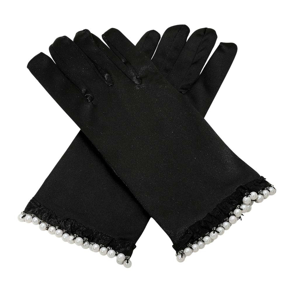Women's Evening Wear Elegant Dressy Satin Style Gloves Black Pearl Trim Cuffs