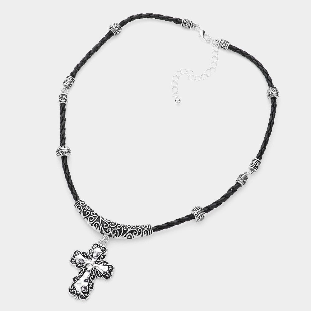 Embossed Antique Silver  Tone Metal Cross Pendant Necklace for Women Jewelry