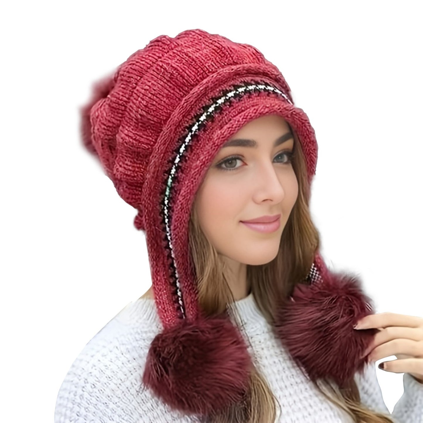Red Chunky Knit Trapper Bobble Hat Womens Faux Fur Ear Flaps Ski Cap