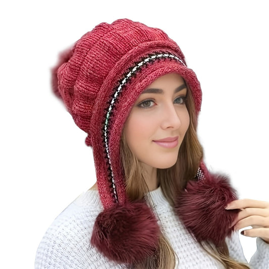 Red Chunky Knit Trapper Bobble Hat Womens Faux Fur Ear Flaps Ski Cap