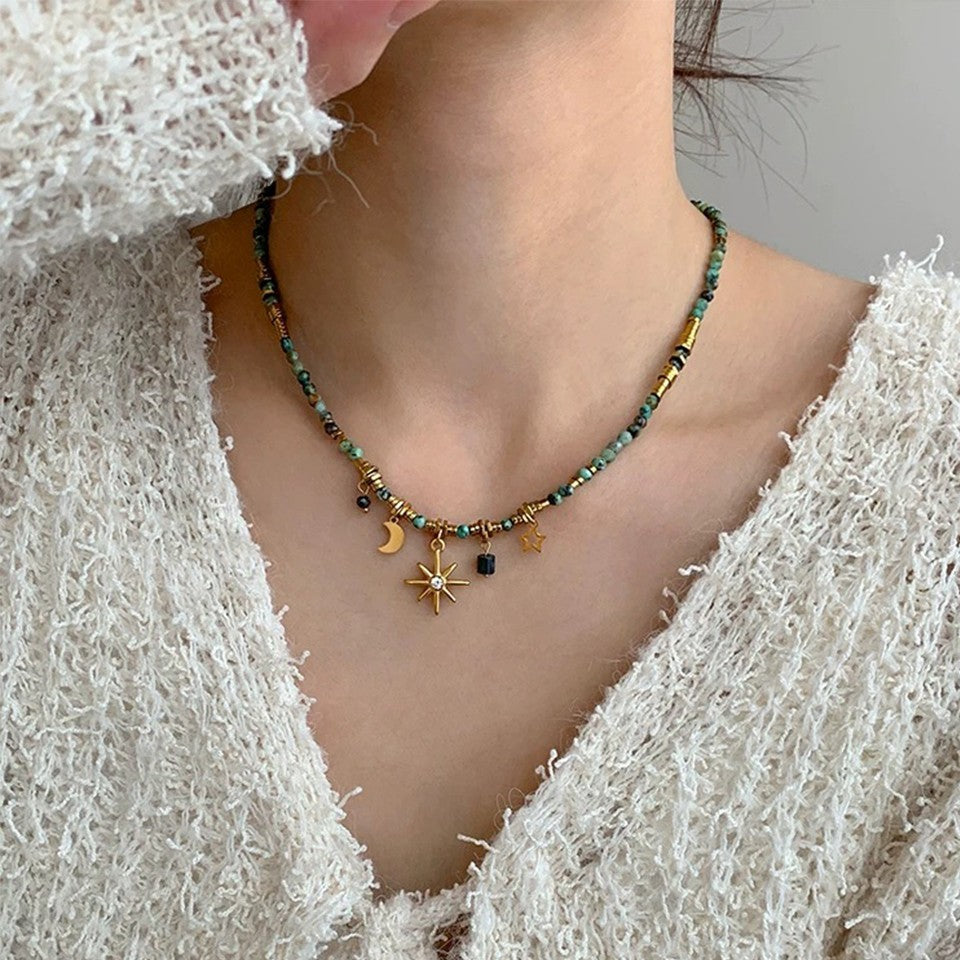 2PCS Gold Celestial Beaded Layered Necklace Set Star Moon Choker Charm Gift