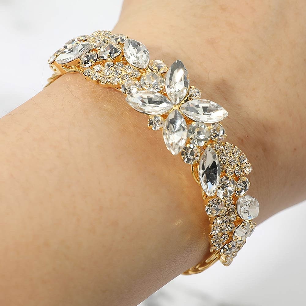 Dainty Gold Floral Crystal Cuff Bracelet Sparkling Marquise Stone Jewelry Gift
